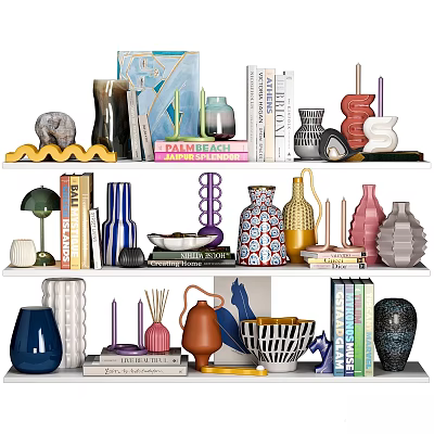 Decorative Ornament Set With Vases Books Candle Holders Bowls on Shelves 3d model