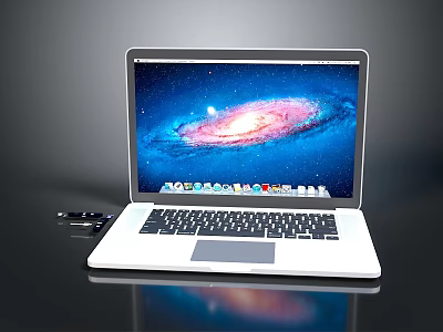 Modern White Laptop With Galaxy Display On Sleek Black Surface And Accessories 3d model