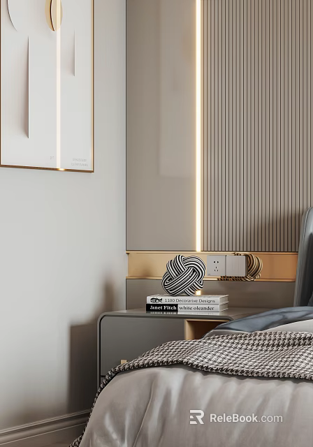 Minimalist Modern Bedroom Interior With Gold Accent Strip And Decorative Ball On Nightstand 3d model 
