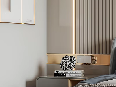Minimalist Modern Bedroom Interior With Gold Accent Strip And Decorative Ball On Nightstand 3d model