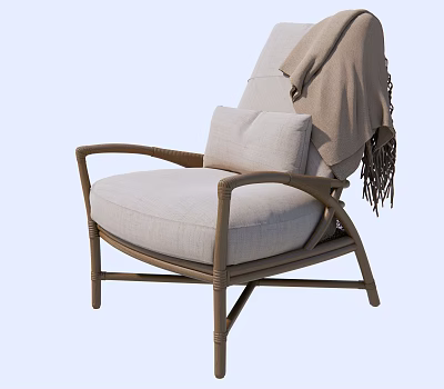 Comfortable Rattan Leisure Chair With Light Gray Cushion And Fringed Blanket For Cozy Home Use 3d model