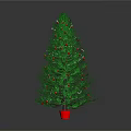 Green Christmas Tree Decorated With Red Gold Ornaments White Lights And Red Gift Box