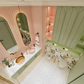 Hotel Bathroom Interior With Pink And Green Design Floral Tiles Vanity Mirror And Cabinets