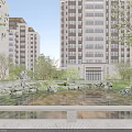 Modern Tall Residential Buildings With Landscaped Garden Water Pond And Evening Illuminated View