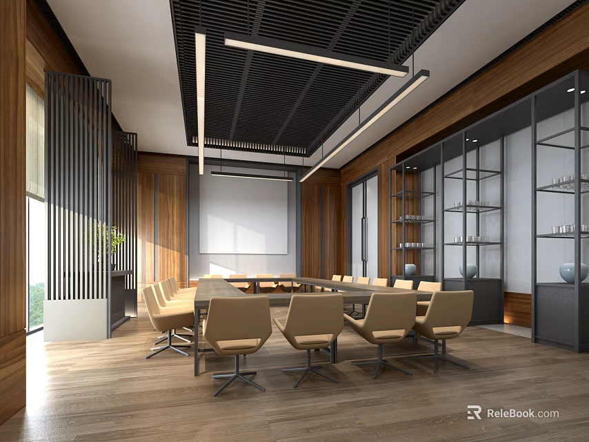 Modern Conference Room Interior With Wooden Flooring Conference Table And Glass Shelves 3d model 