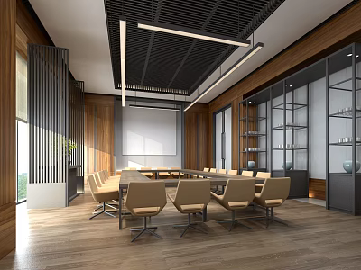 Modern Conference Room Interior With Wooden Flooring Conference Table And Glass Shelves 3d model
