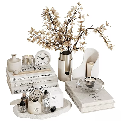 Elegant Decorative Ornament Set With Dried Flowers Clock Books Candle And Aromatherapy Bottles 3d model