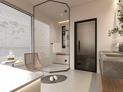 Modern Bathroom Interior Design With Glass Shower Enclosure Window Blinds Vanity Counter And Wicker Chair 3d model