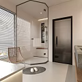 Modern Bathroom Interior Design With Glass Shower Enclosure Window Blinds Vanity Counter And Wicker Chair