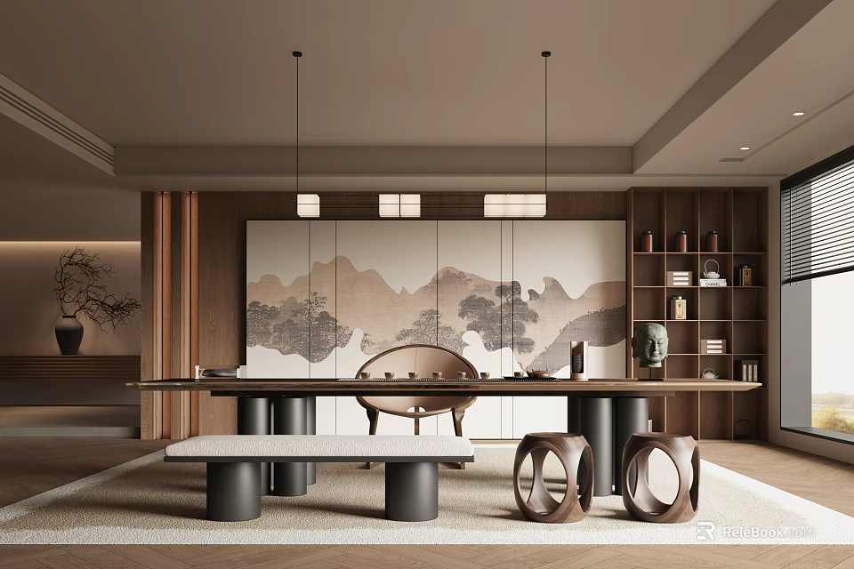 Traditional Chinese Tea Room Interior Design With Landscape Painting Wooden Furniture And Hanging Lamps 3d model 