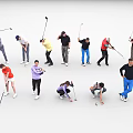 Group of People Practicing Golf Swings in Different Poses and Stances