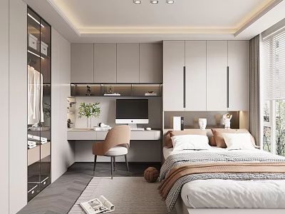 Tatami Bedroom Modern Design With Desk Chair Wardrobe Plant And Window 3d model