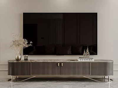 Modern TV Stand With Marble Top And Metal Legs Decorated By Vase Books And Figurine 3d model