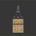 Yellow Building With Multiple Stories White Framed Windows Dark Roof And Tower On Top
