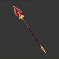Red And Golden Spear With Flame Shaped Head And Intricate Shaft Design