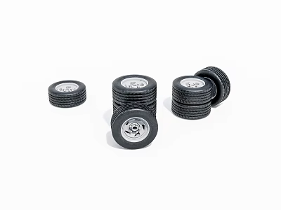 Black Tires With Silver Rims Stacked In Multiple Piles On White Background 3d model