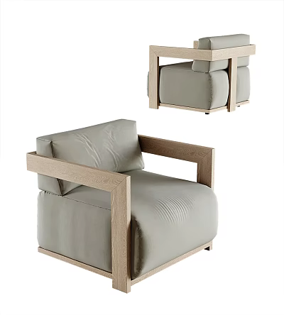 Modern Single Sofa With Light Gray Fabric And Wooden Armrests Design 3d model