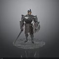 Medieval Armored Man Standing on Stone Pavement With Sword and Shield