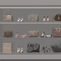 Stylish Display Shelf With Different Style Bags And Matching Shoes On Three Layers