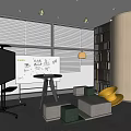Modern Conference Room With Windows Blinds City View Whiteboard TV Screen Sofa Chair Floor Lamp