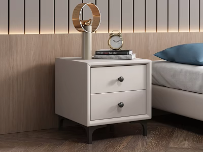 Modern Light Colored Bedside Table With Two Drawers Black Knobs Lamp Clock And Books 3d model