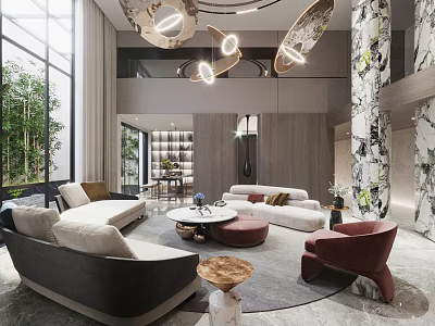Modern Duplex Living Room Interior With Large Windows And Elegant Decor 3d model
