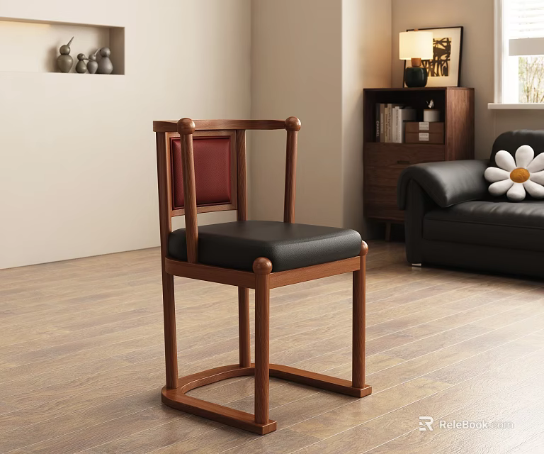 Leisure Chair With Wooden Frame Red Backrest Black Leather Seat In Modern Living Room 3d model 