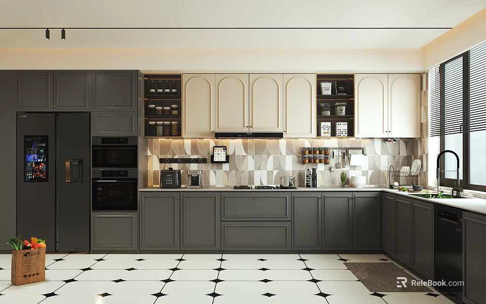 Modern Kitchen Interior With Gray White Cabinets Tile Backsplash And Appliances 3d model 
