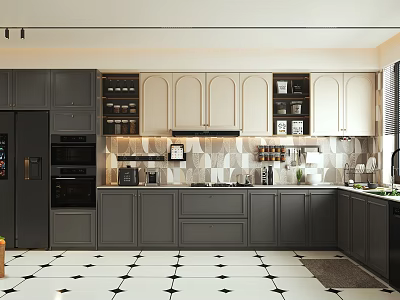 Modern Kitchen Interior With Gray White Cabinets Tile Backsplash And Appliances 3d model
