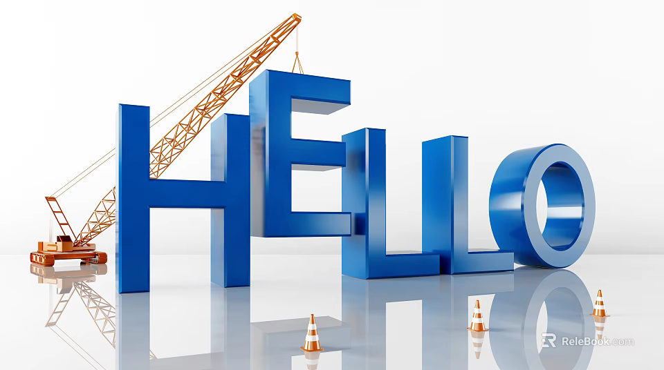 Large 3D HELLO Letters With Construction Crane And Traffic Cones 3d model 