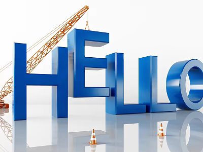 Large 3D HELLO Letters With Construction Crane And Traffic Cones 3d model