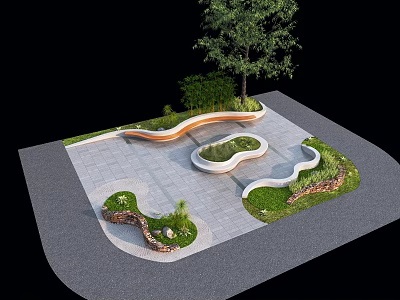 Park Landscape Design With Curved Bench Large Tree Paved Ground And Circular Green Area 3d model