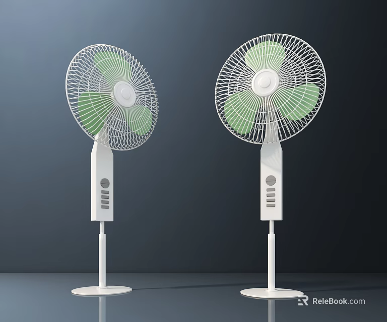 Two White Pedestal Air Cooler Fans With Green Blades And Control Panel 3d model 