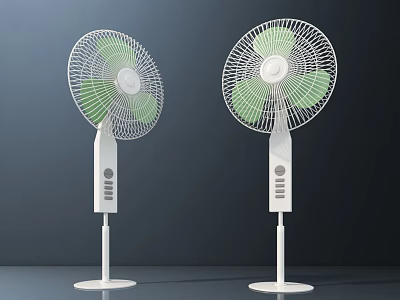 Two White Pedestal Air Cooler Fans With Green Blades And Control Panel 3d model