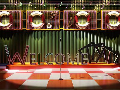 Vibrant Stage Decorative Lights With Welcome Sign Red Orange Checkered Floor And Musical Notes 3d model