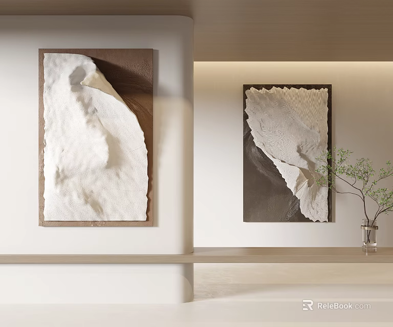 Modern Textured Wall Decor With White Plaster Art And Brown Frames In Interior 3d model
