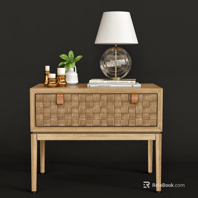 Stylish Wooden Nightstand with Woven Drawer Leather Handles White Lampshade Potted Plant Candles and Books 3d model 
