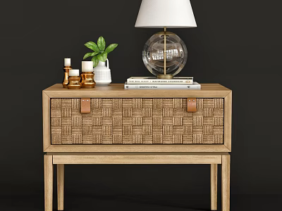 Stylish Wooden Nightstand with Woven Drawer Leather Handles White Lampshade Potted Plant Candles and Books 3d model