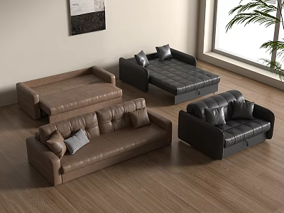 Brown And Black Leather Two Seater Sofa With Pillows In Living Room Wooden Floor 3d model