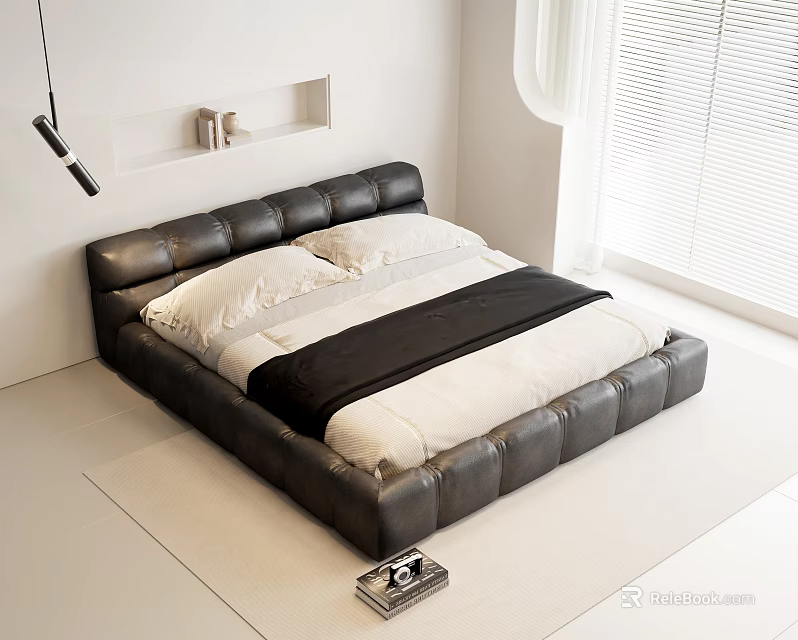 Modern Leather Double Bed With White Pillows And Black Blanket In White Bedroom 3d model 
