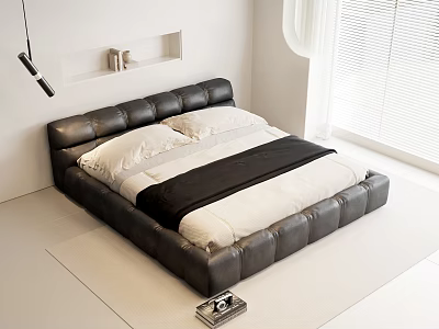 Modern Leather Double Bed With White Pillows And Black Blanket In White Bedroom 3d model