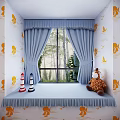 Blue Curtains Window With Trees Outside Lighthouse Models Giraffe Plush Toy Orange Sailboat Airplane Patterns