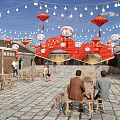 Traditional Commercial Street With Stone Paved Pathway Outdoor Tables Red Lanterns And String Lights