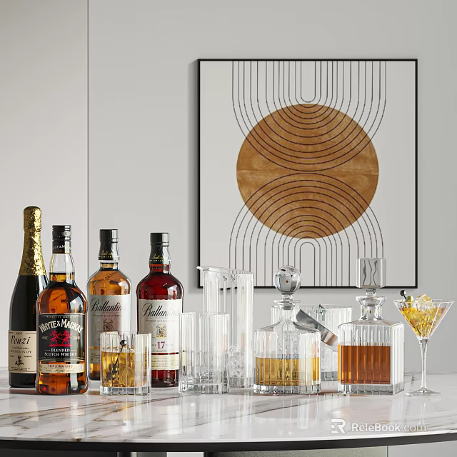 Wine Bottles And Glasses Display In Modern Decor 3d model