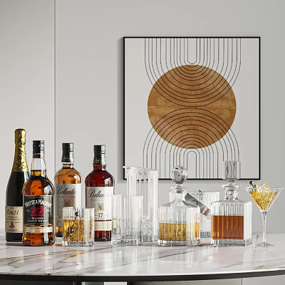 Wine Bottles And Glasses Display In Modern Decor 3d model