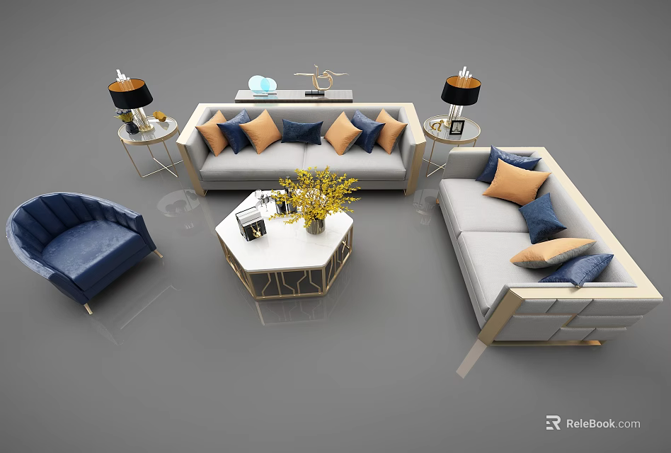 Modern Sofa and Coffee Table Set With Blue Accent Chair Hexagonal Table And Throw Pillows 3d model