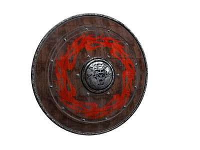 Round Wooden Medieval Shield Weapon With Red Flame Design Lion Head Emblem And Metal Rivets 3d model