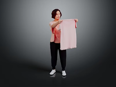Woman Holding Pink Towel Wearing Pink Top Black Pants And White Shoes Against Gray Background 3d model