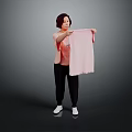 Woman Holding Pink Towel Wearing Pink Top Black Pants And White Shoes Against Gray Background