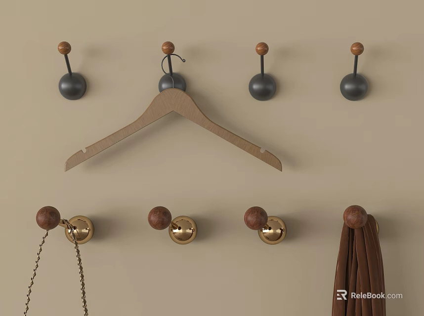 Stylish Wall Mounted Hooks Wooden And Metal With Various Designs For Hanging Scarf And Chain 3d model 